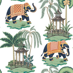 Indian elephant, palm trees and architecture seamless pattern. Oriental vintage wallpaper