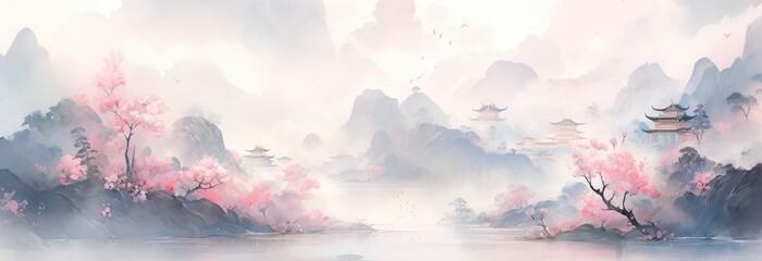 An artistic representation of an ancient Chinese imperial palace in the Neo-Chinese style, with soft pink and blue shades.