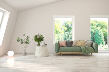 Bright interior design with modern furniture and summer landscape in window. 3D illustration