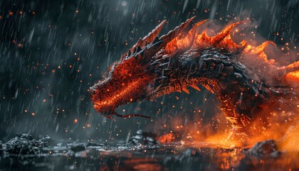 an actual red the dragon with a blazing background, along with rain - obrazy, fototapety, plakaty