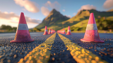 Construction cones marking part of road. low angel view_ - obrazy, fototapety, plakaty