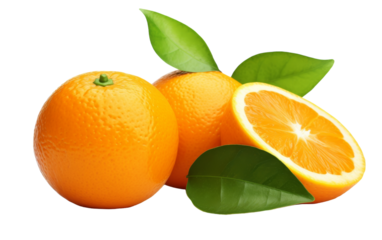 Two vibrant oranges with fresh green leaves stand out on a pure white background