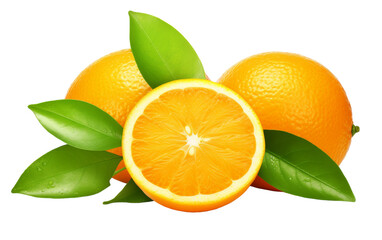 Two vibrant oranges with green leaves, nestled together on a pure white background