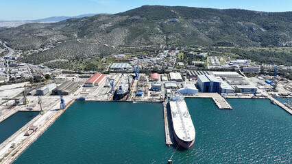Aerial drone photo of port town and recently renovated ship yard of Skaramagas in Western area of...