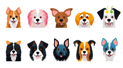Obraz na płótnie Canvas 面白い犬の動物の頭のアイコン漫画は、風変わりなカラフルなフラット イラスト スタイルで設定されます。かわいい犬のペットの顔のコレクション、多様な飼い犬。