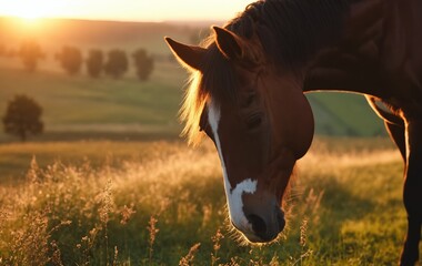 Horse on a meadow at sunset, close-up. - obrazy, fototapety, plakaty
