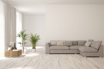 White living room with sofa. Scandinavian interior design. 3D illustration