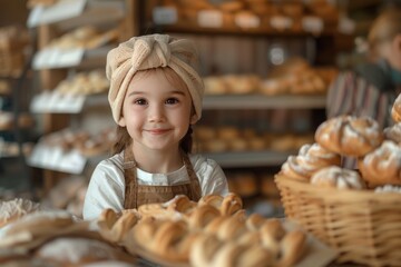 Little Girl Standing in Front of Bread