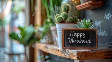 Happy Weekend" adorns a blackboard atop a wooden shelf, inviting relaxation and joy. Embrace the weekend vibes and invest in leisure.