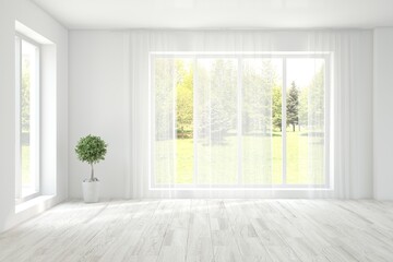 White empty room with summer landscape in window. Scandinavian interior design. 3D illustration