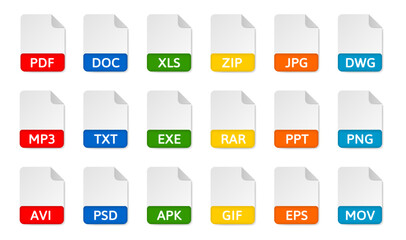 File type icons. Pdf, doc and xls document formats. Zip and jpg file extensions. Mp3, txt, exe, rar and gif files. Avi, mov, apk, eps and png file icons. Dwg drawing, ppt presentation