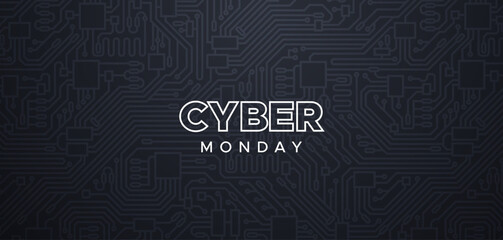 Cyber Monday commercial event, Sale banner design. Typography sign on black circuit board background - obrazy, fototapety, plakaty