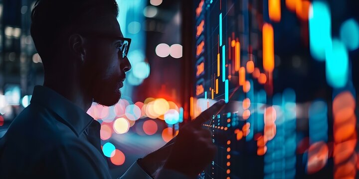 Financial professional analyzing stock market data on digital display with candlestick charts to make investment decisions. Concept Stock Market Analysis, Financial Professional