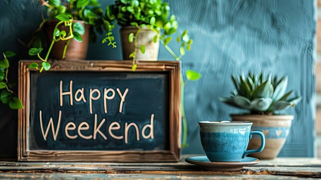 Happy Weekend" adorns a blackboard atop a wooden shelf, inviting relaxation and joy. Embrace the weekend vibes and invest in leisure.