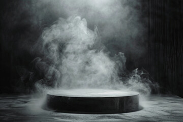 podium with black dark smoke background - obrazy, fototapety, plakaty