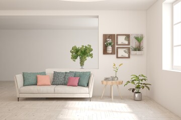White scandinavian interior design with sofa. 3D illustration