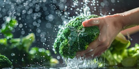 hands wash broccoli with splashes of water Generative AI