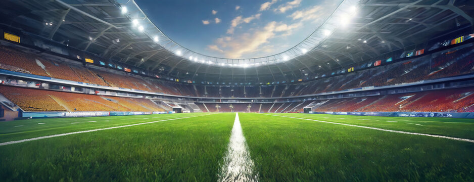 An empty stadium bathed in sunlight, ready for the upcoming sports event. The lush green field awaits players and fans for moments of thrilling athleticism.