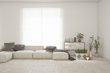 White living room with sofa. Scandinavian interior design. 3D illustration