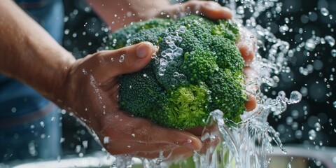 hands wash broccoli with splashes of water Generative AI