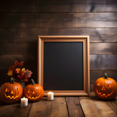 Halloween pumpkins with blank chalkboard and candles on wooden background