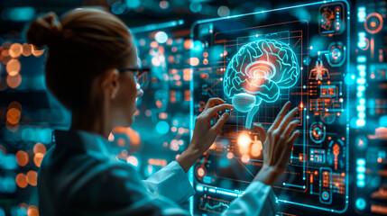 Neurologist, scientist or doctor analyzing a patient's brain scan. Digital and futuristic healthcare. Hologram of a brain and human anatomy. Virtual interface, futuristic, technology, AI.