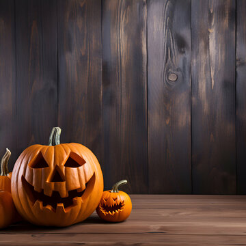 Halloween pumpkins on wooden background with copy space for text.