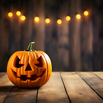 Halloween pumpkin on wooden background with bokeh.