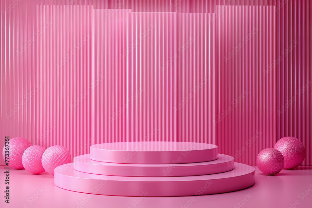 Wall mural pink background with round pedestal for product presentation