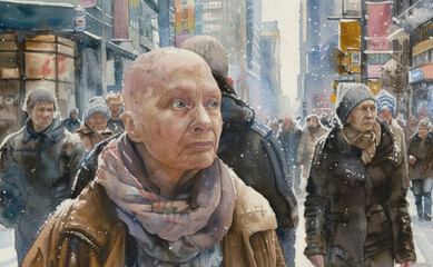 Fototapeta na wymiar A painting depicting mature bald woman standing in the middle of a bustling street filled with people and vehicles