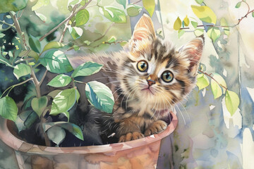 A painting of a kitten sitting in a potted plant, adorable and curious, surrounded by green leaves - obrazy, fototapety, plakaty