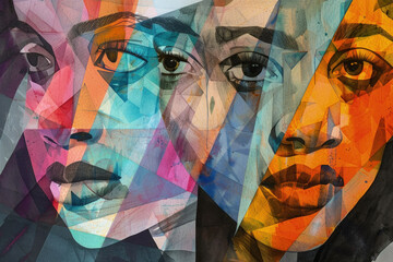 A vibrant geometric mural showcases multiple overlapping female faces with varying expressions