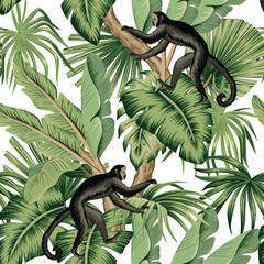 Tropical green palm leaves, monkey animal seamless pattern white background. Exotic floral jungle wallpaper.	