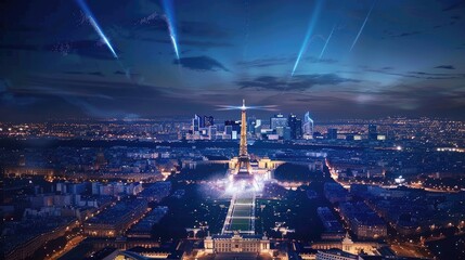Amidst the Parisian night, of the 2024 Summer Olympic Games. Invest in the city's nocturnal spectacle, celebrating athleticism under the stars! - obrazy, fototapety, plakaty