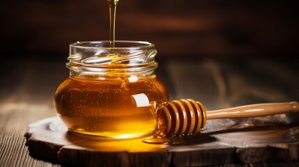 Honey in glass jar with wooden spoon on wooden background - obrazy, fototapety, plakaty