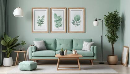 Stylish interior design of living room with modern mint sofa, wooden console, cube, coffee table, lamp, plant, mock up poster frame, pillows, plaid, decoration and elegant accessories in home decor. - obrazy, fototapety, plakaty