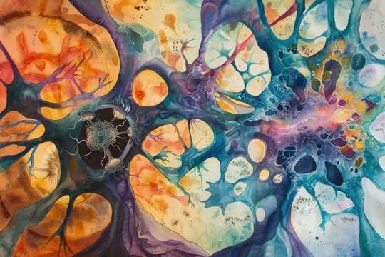 A colorful abstract painting resembling neural connections with vibrant splashes and cellular shapes