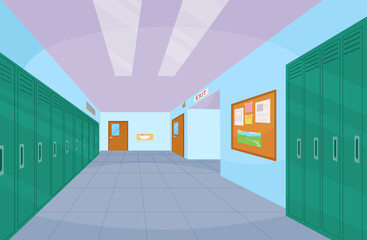 School hallway interior with entrance doors, lockers and bulletin board on wall. Vector cartoon illustration of empty corridor in college, university with closed classrooms doors

