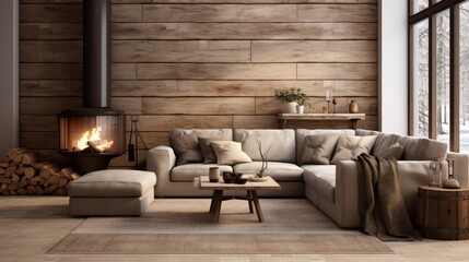 Modern Cottage Living Room Decor with Wood Wall and Furniture. 