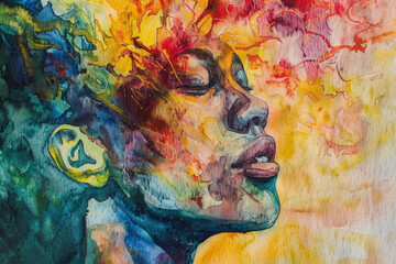 A side profile watercolor painting captures a womans face in a burst of vivid colors and abstract patterns