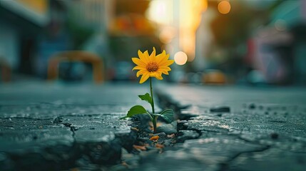 Discover resilience in unexpected places as a delicate flower blooms in a street crack, soft focus capturing the beauty of urban nature.