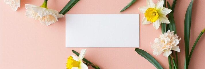 flowers and a blank card laid flat against a pale pink backdrop.