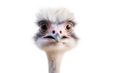 A close-up of an ostrichs head against a white background, showcasing its majestic presence and piercing gaze