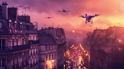 A fleet of drones flies above a bustling city street against a vivid dusk sky