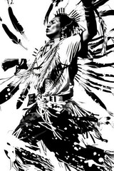 A depiction of a Native American dancer in traditional attire, captured in black and white