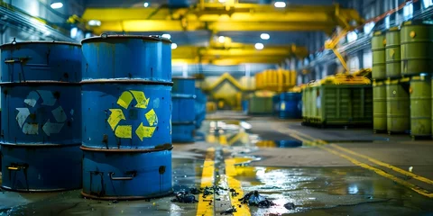 Wandcirkels aluminium Radioactive waste barrels with hazard symbols in secure industrial facility. Concept Industrial Waste Management, Hazardous Materials, Safety Protocols, Contamination Prevention, Secure Disposal © Anastasiia