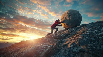 Witness the determination of a businessman pushing a colossal stone uphill, symbolizing the unwavering perseverance needed to overcome corporate challenges.