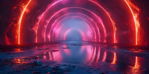 Muurstickers D Visualization of a Curved Tunnel with Illuminated Lights and Reflections in a Puddle on a Dark Street. Concept 3D Visualization, Curved Tunnel, Illuminated Lights, Reflections, Dark Street © Ян Заболотний