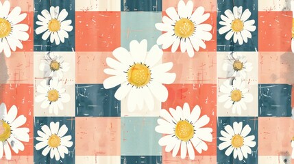 retro hippie t-shirt graphic, isolated on a white backdrop, with a girlish, daisy and a checker pattern - obrazy, fototapety, plakaty