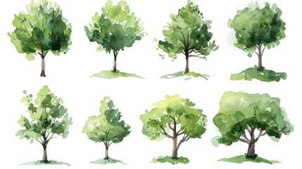 Spring botanical section including a set of watercolor green trees isolated on a white backdrop for drawing landscapes.